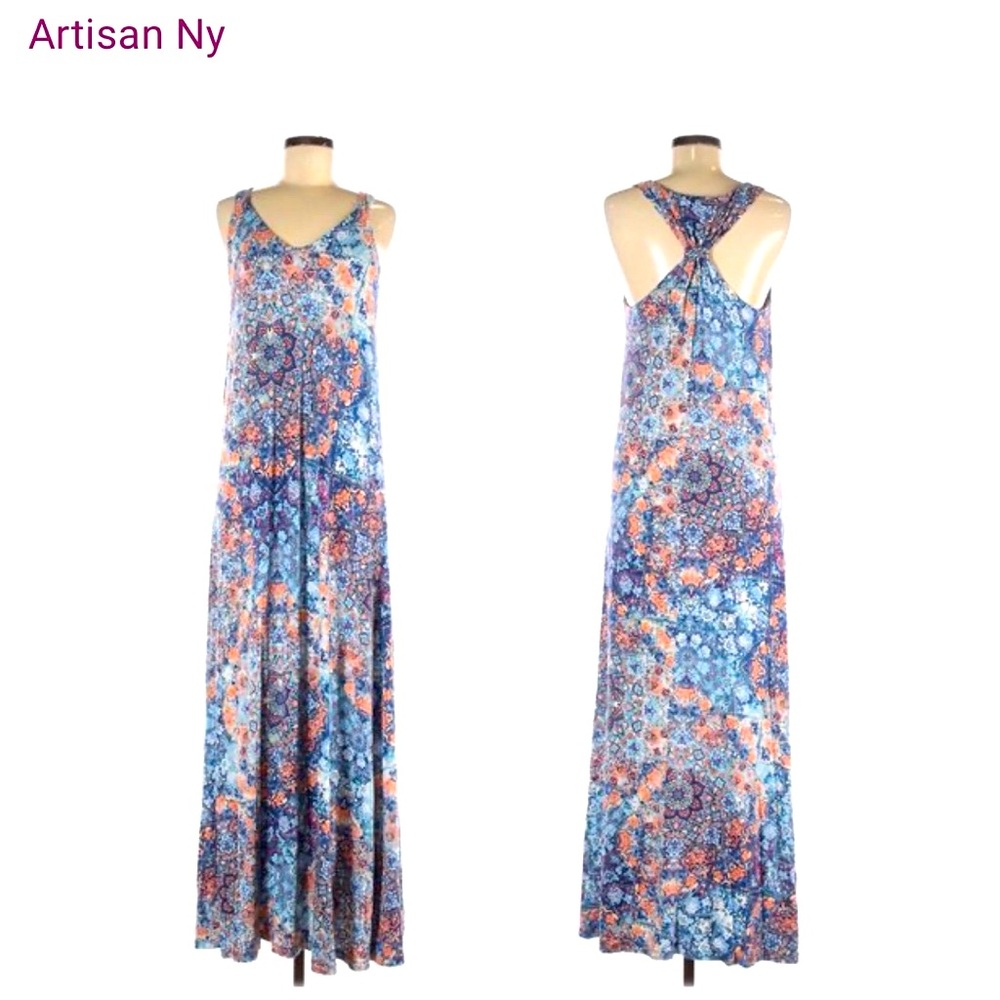 - ARTISAN NY Bohemian Floral Razorback Maxi Dress sleeveless Stretch Fabri…